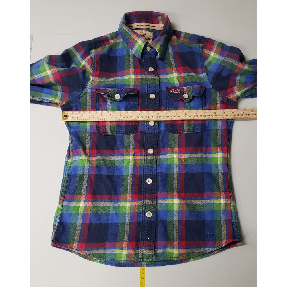 Hollister Mens S Blue Green Plaid Flannel Button Down Shirt Long Sleeve Cotton - Picture 3 of 5